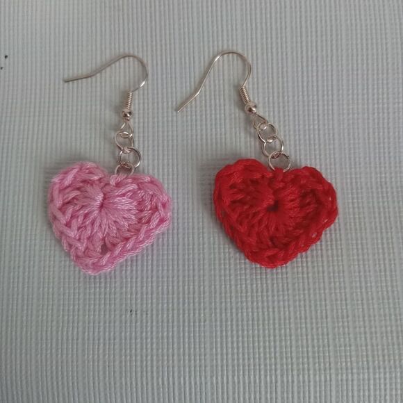 Mini Red and Pink Heart Shape Lightweight Crochet Dangle Style Handmade Earrings - Picture 2 of 8